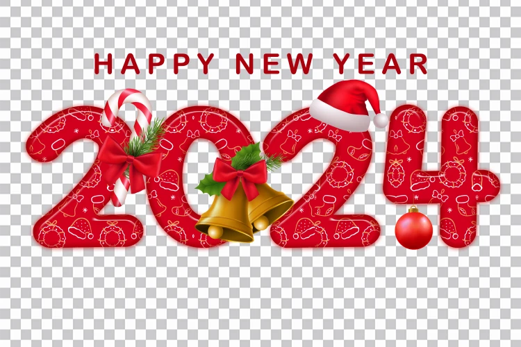 Feliz Ano Novo De 2024 Brilho Vermelho Com Chapéu De Natal Sino Png